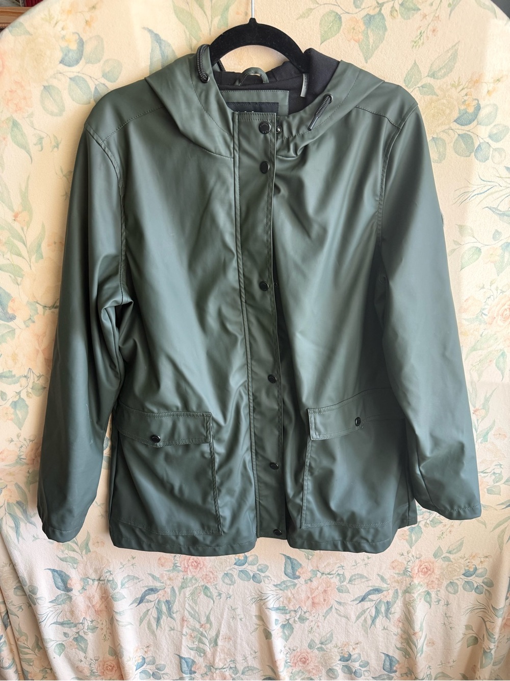 Hooded Olive Green Utility Jacket with Snap Closure